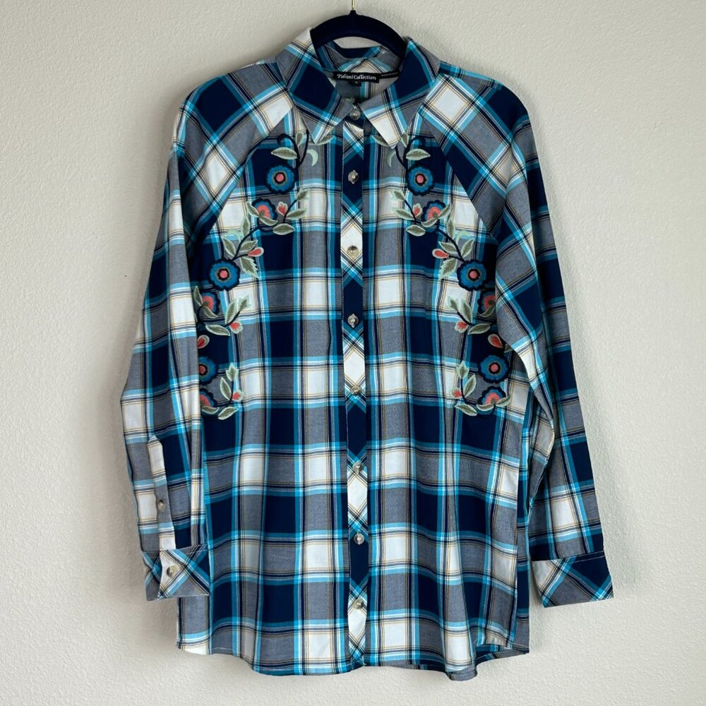 Tolani Collection Womens Button Up Blue White Plaid Shirt Floral Embroidery Sz S